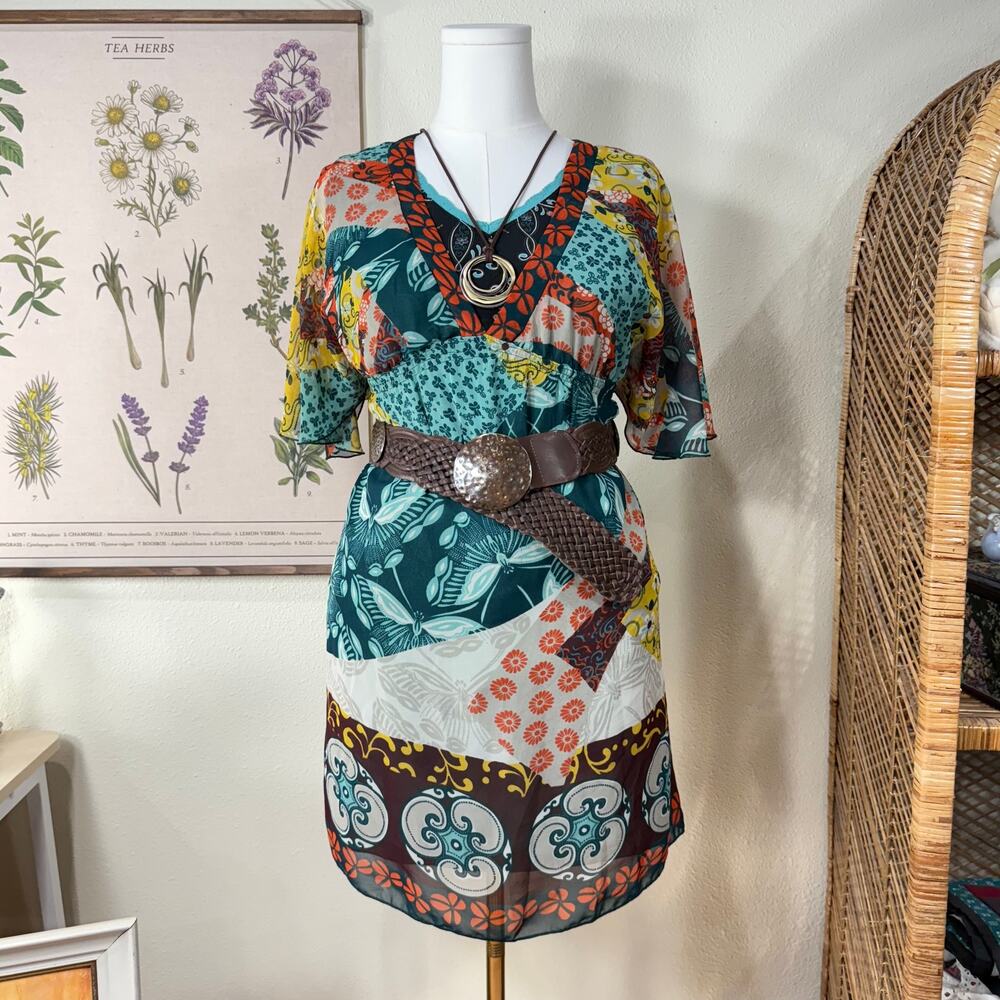 Y2k Patchwork Floral Butterfly Mini Babydoll Dress Boho Hippie Whimsy Fairy M